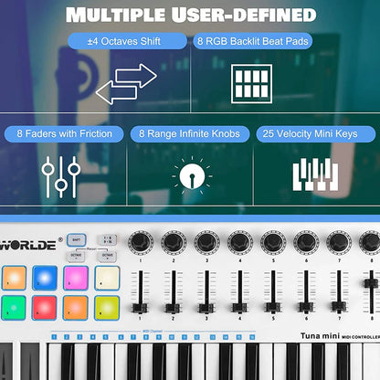 Worlde Panda Tuna MIDI Controller Portable 25-Key USB Keyboard & Drum Pad Music Arranger Keyboard Electronic Sound Controller